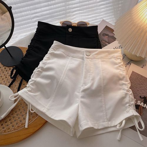 Women's Summer High-Waisted Slim-Fitting White Casual Pants with Side Straps, Korean Style, Versatile and Slimming, Outwear Short Pants