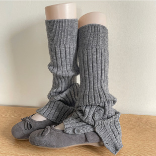 Autumn and Winter Warm Gray Slouch Miu Series Simple Wide Ribbed Socks Solid Color Versatile Button Slit Knit Leg Warmers