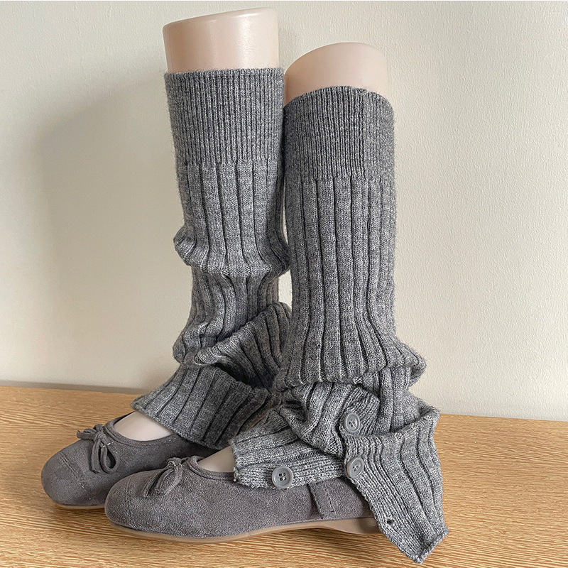Autumn and Winter Warm Gray Slouch Miu Series Simple Wide Ribbed Socks Solid Color Versatile Button Slit Knit Leg Warmers Autumn and Winter Warm Gray Slouch Miu Series Simple Wide Ribbed Socks Solid Color Versatile Button Slit Knit Leg Warmers