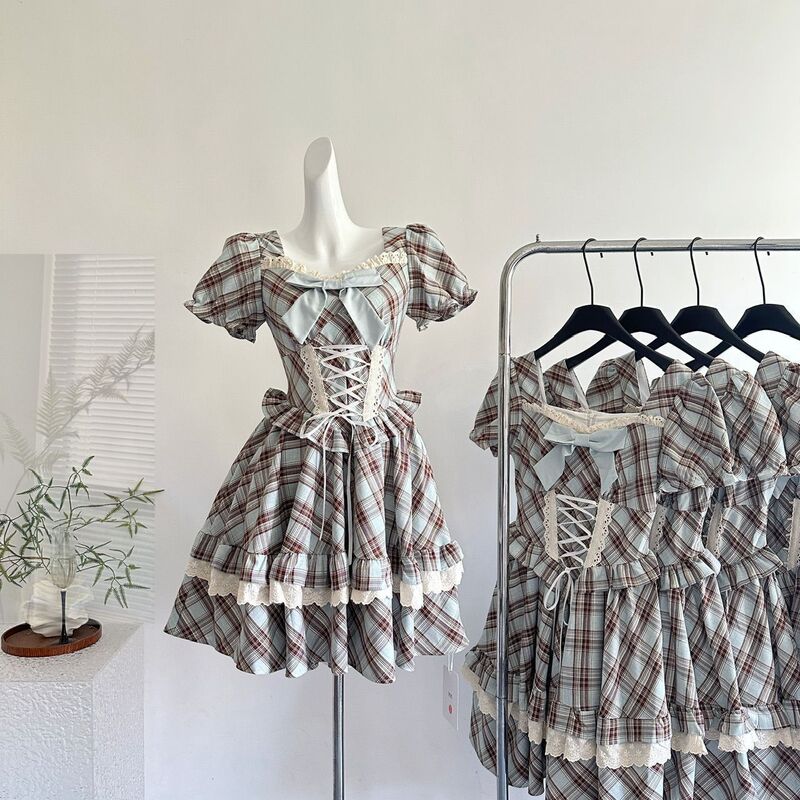 Plus-Size Women's Sweet and Youthful Vintage Plaid Lace Bow Tie Waist-Cinching Square Neck Princess Dress