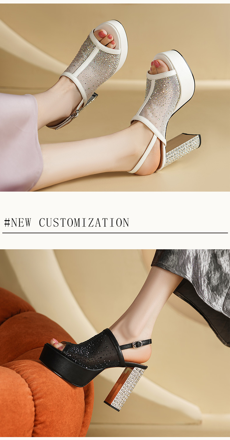Sandal cao gót nữ đính đá lưới, đế xuồng siêu cao gót, mũi hở kiểu La Mã — đen chi tiết 4
