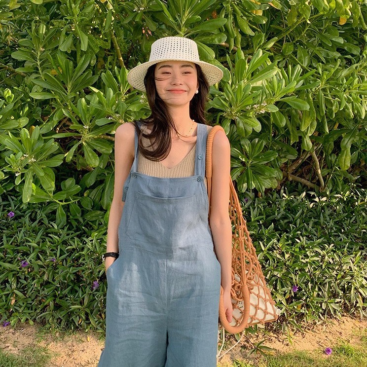 Quần yếm denim nữ phong cách mùa hè form suông — Màu xanh lam, Màu gai thô