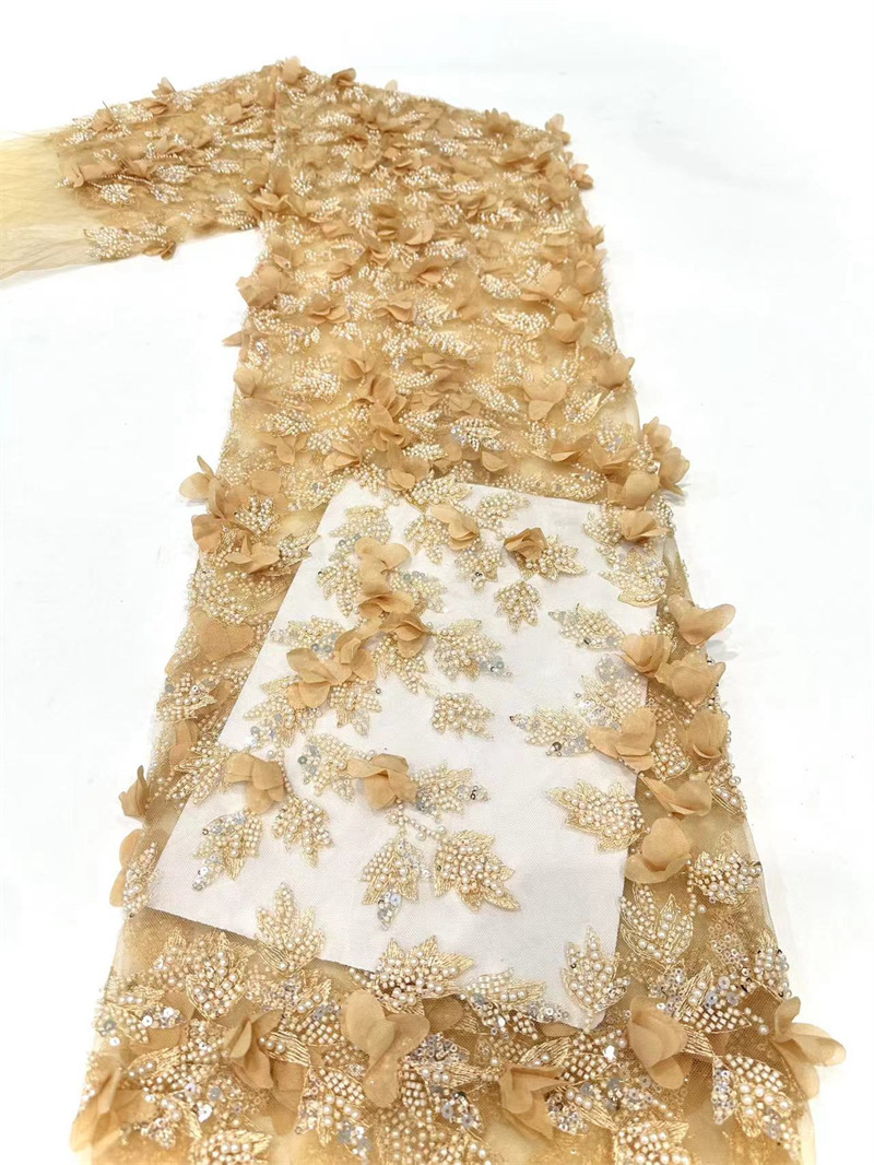 Embroiderado de tubo de perlas delicada tela de decalca hecha a mano, cuentas de burbuja, sequin, bordado de tubo de perlas, vestido de boda, tela