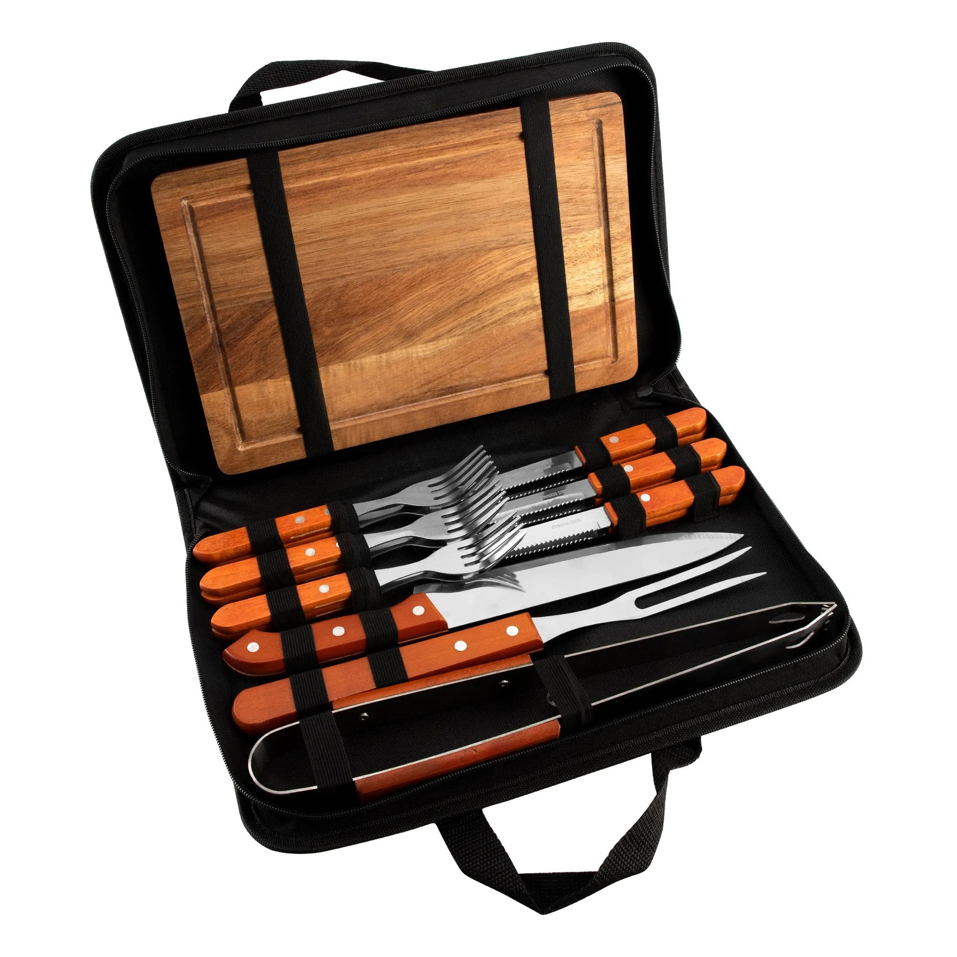 Fuente de fábrica de bolsas de tela para parrilla 10 piezas para BBQ al aire libre herramientas de parrilla mango de madera de acero inoxidable cuchillo y tenedor conjunto de parrilla