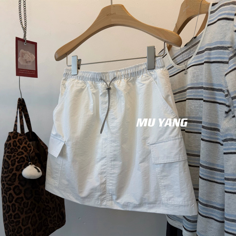 Wholesale Solid Color Plus Size 120kg Drawstring Pocket Anti-Exposure A-Line Skirt Short Skirt Loose Fit Slimming Versatile Trendy Wholesale Solid Color Plus Size 120kg Drawstring Pocket Anti-Exposure A-Line Skirt Short Skirt Loose Fit Slimming Versatile Trendy