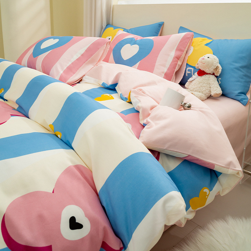 Juego de cuatro piezas de algodón de dibujos animados 2024 nuevo estilo sábana de algodón fresco funda de edredón sábana ropa de cama de verano