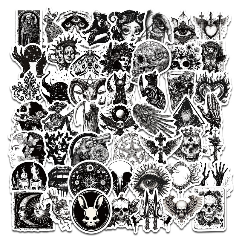 50 pieces creative retro black and white gothic style stickers waterproof Skull punk style luggage graffiti decorative stickers 50 pieces creative retro black and white gothic style stickers waterproof Skull punk style luggage graffiti decorative stickers