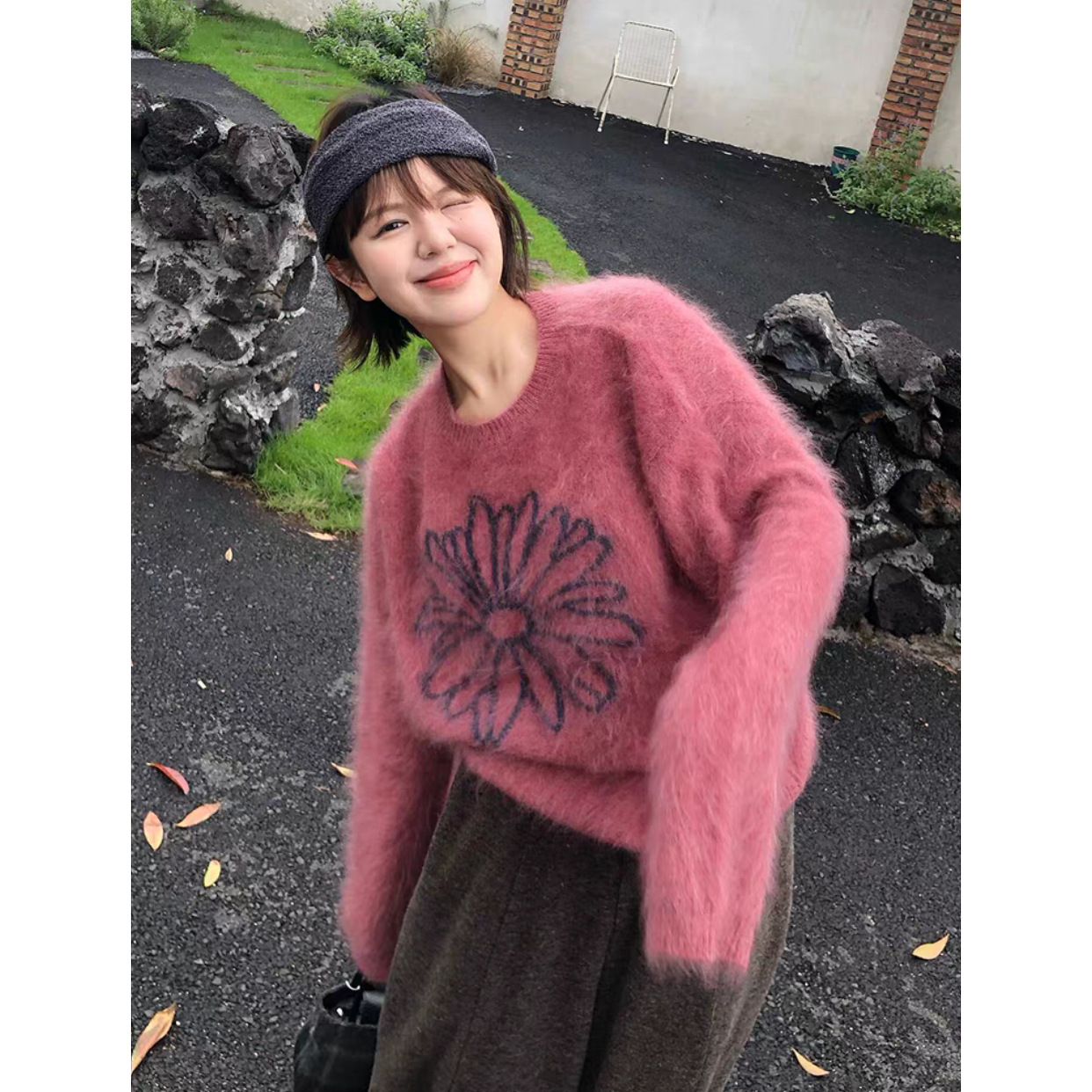 Raspberry Pink Mohair Pullover Sweater for Women, Autumn and Winter Outerwear, Lazy Style, High-End Feel, Loose and Soft Knit Top