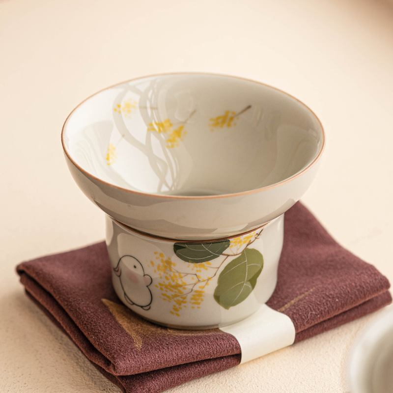 厂家手绘月兔茶漏茶滤茶叶过滤陶瓷功夫茶具配件茶水分离滤茶套组