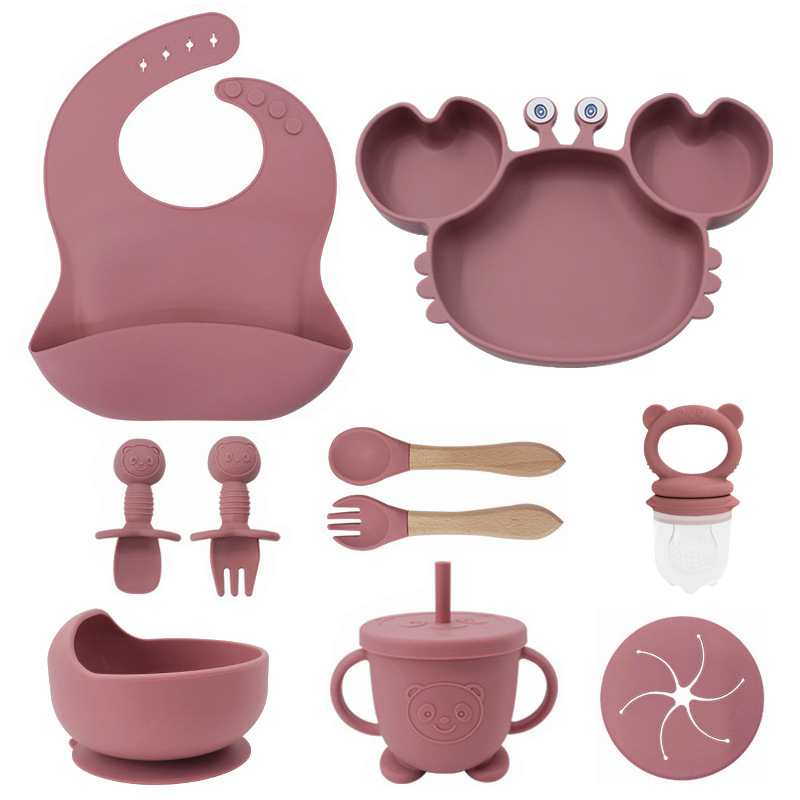 Plato de silicona para niños set de cangrejo para bebés alimentando bacon portátil para comer tenedor cuchara set de bolos de alimentos suplementarios