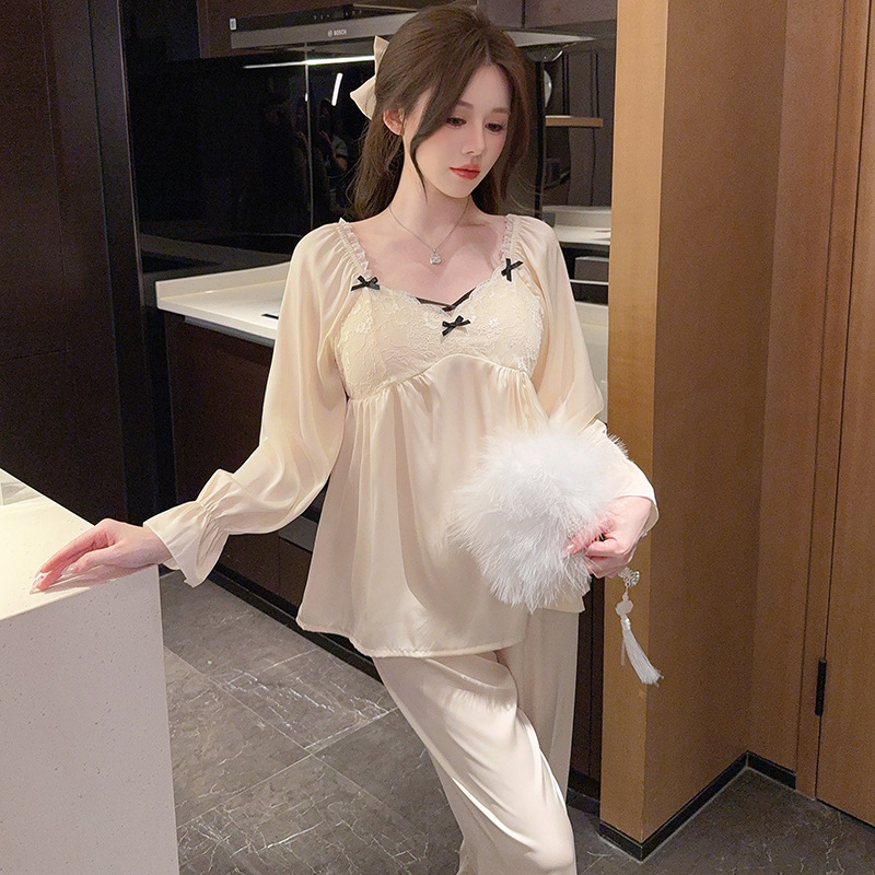 Spring and Summer New High-end Pajamas Women's Ice and Snow Silk Long-sleeved Trousers French Sweet Princess Home Clothes with Chest Pad