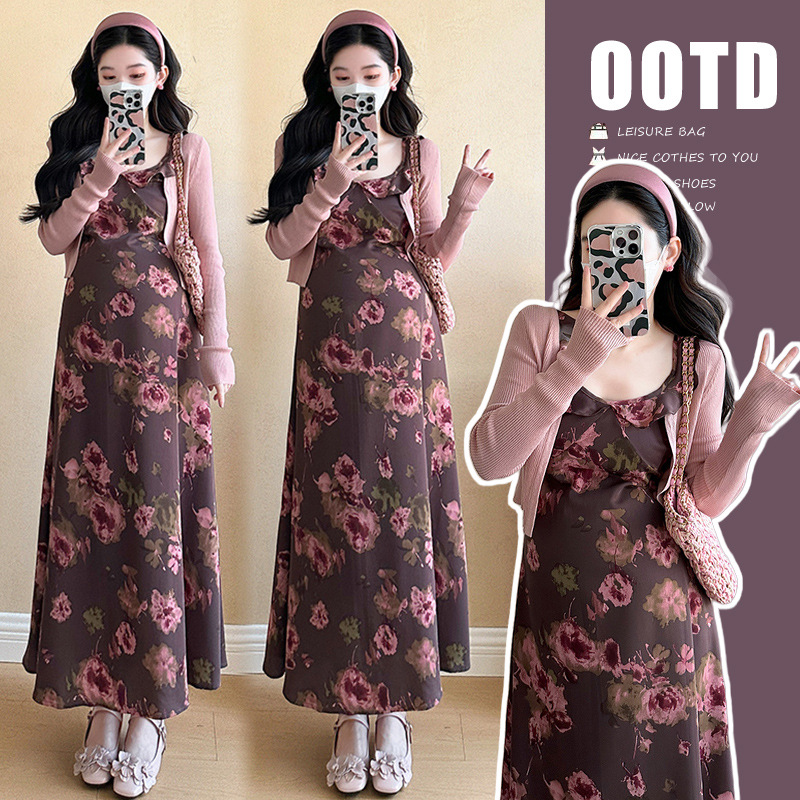 임산부 봄 가을 드레스 2025 신스타일 패션 니트 카디건 프렌치 러플 루즈 플로럴 스커트 투피스 슈트