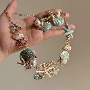 Resort style starfish shell necklace earrings fashion versatile niche seaside beach photo small fresh starfish set