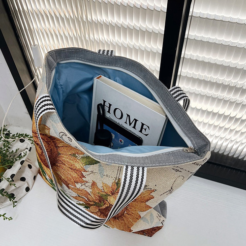 New gold thread fabric shoulder bag, foreign trade fashion women's bag, cute shopping bag, cross-border supply source, literary canvas bag