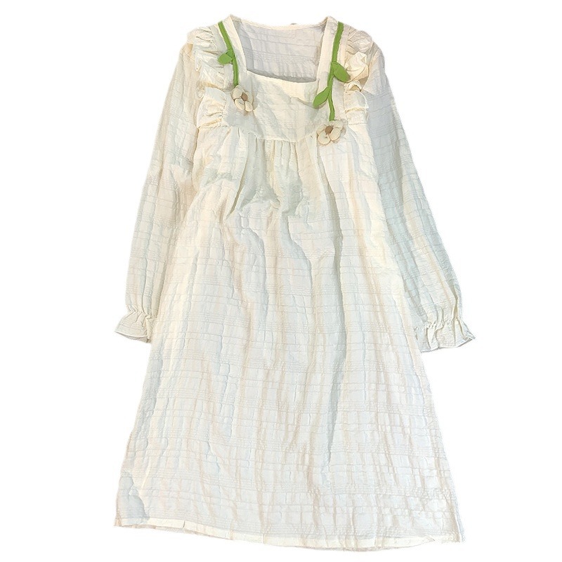 Pijama de flores de manga larga con cojín de pecho, vestido de cuello cuadrado de otoño de mujer, princesa, viento suelto, pijama de algodón, ropa para el hogar.