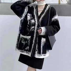 秋冬季新款针织外套女设计感慵懒宽松针织毛衣女开衫洋气上衣外套
