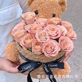 跨境小熊花束配件花盆手工编织绿植花盆家居落地式花篮小熊抱抱桶