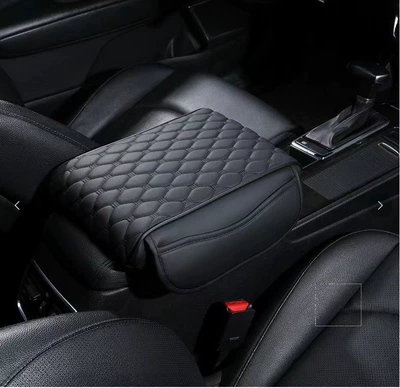 Car armrest box heightening pad, memory foam car armrest box pad, Nappa leather storage car armrest box, beanie style (Armrest box pad) - doudou-style-storagelarge-black