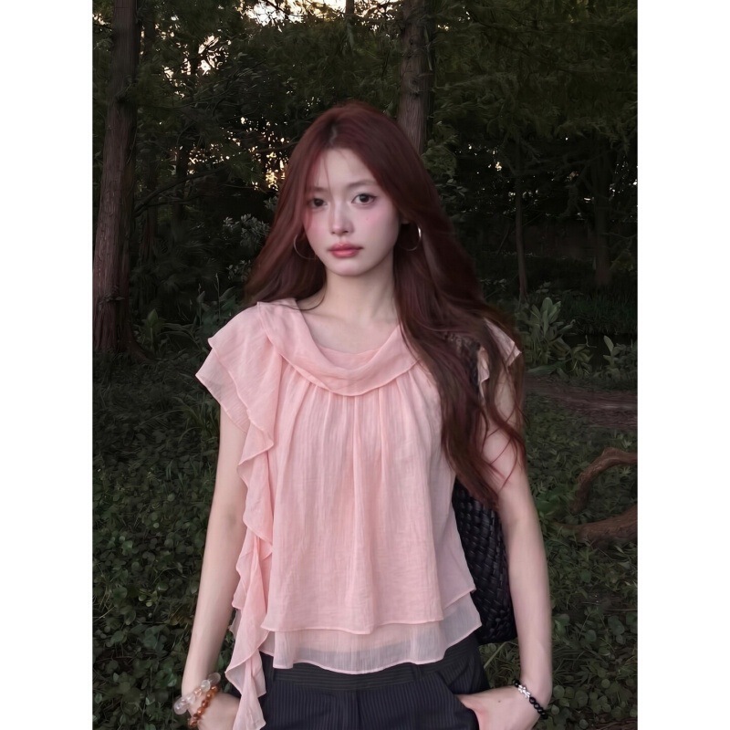 French Sweet Style Ruffled Round Neck Top 2026 Summer New Style Double-Layered Ribbon Short-Sleeved Slimming and Elegant Women's Clothing French Sweet Style Ruffled Round Neck Top 2026 Summer New Style Double-Layered Ribbon Short-Sleeved Slimming and Elegant Women's Clothing