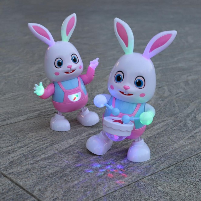 Juguetes de robot de baile eléctrico transfronterizos bebés pueden moverse y tocar tambores y balancearse conejitos interactivos mini juguetes de rompecabezas