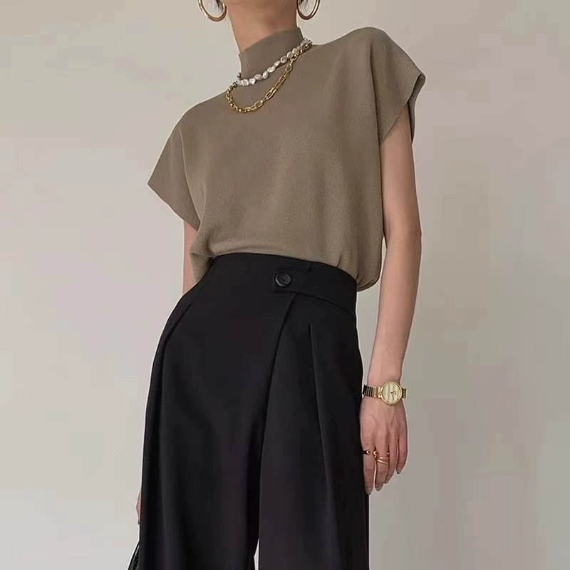 Летняя короткая вязаная майка с полугольфом 2025, свободного кроя, утягивающая, с короткими рукавами