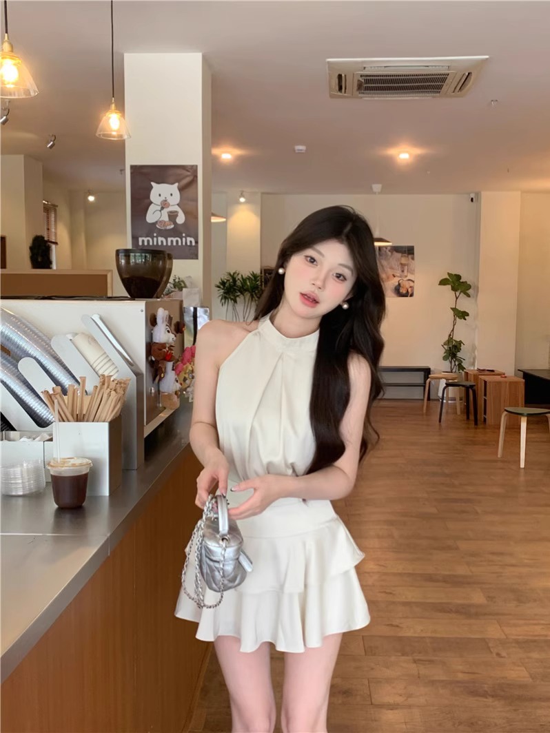 우아한 세트 살구색 새틴 넥 조끼 최고 여성 여름 높은 허리 스커트 A 라인 스커트 투피스 세트