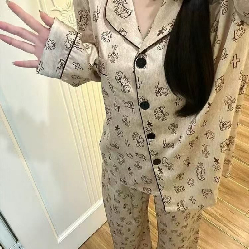 2025春夏韓国版シンプルなホットダイヤモンドKitty猫氷糸パジャマ女性長袖ズボンセット春秋家庭服|undefined