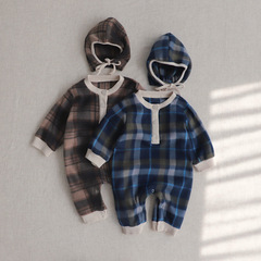 2024 Spring English-Style Plaid Thin Fleece Baby Onesie Newborn Clothes Autumn Wear Baby Long Snug-Fit Pajamas