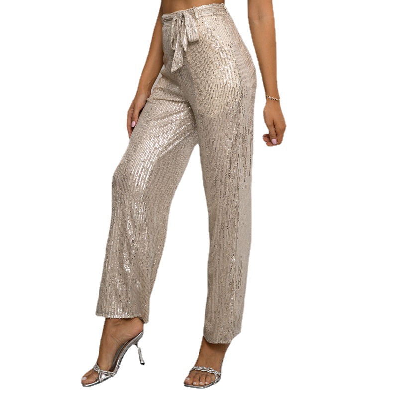 2023 pantalones de pierna ancha con lentejuelas populares transfronterizos de primavera y verano estilo europeo y americano ins elegante cintura alta adelgazante drapeado pantalones Casuales