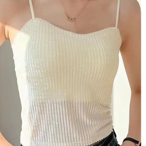 Live Stream Gold Velvet Women's Fixed Cup Bra with Adjustable Shoulder Straps, Plain Color Slimming Tank Top for Women