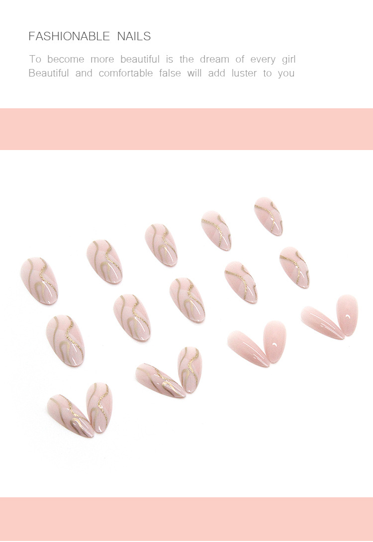 Conjunto unhas postiças amêndoa rosa com design dourado 24p_voghion.com
