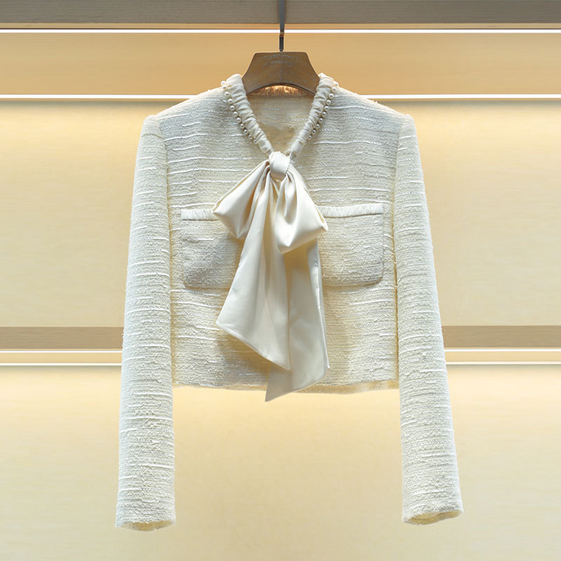 Mo Shu Wei Ya 2024 Autumn Beads Floating Lace Bow Long Sleeve Tweed Short Coat 6101A-1