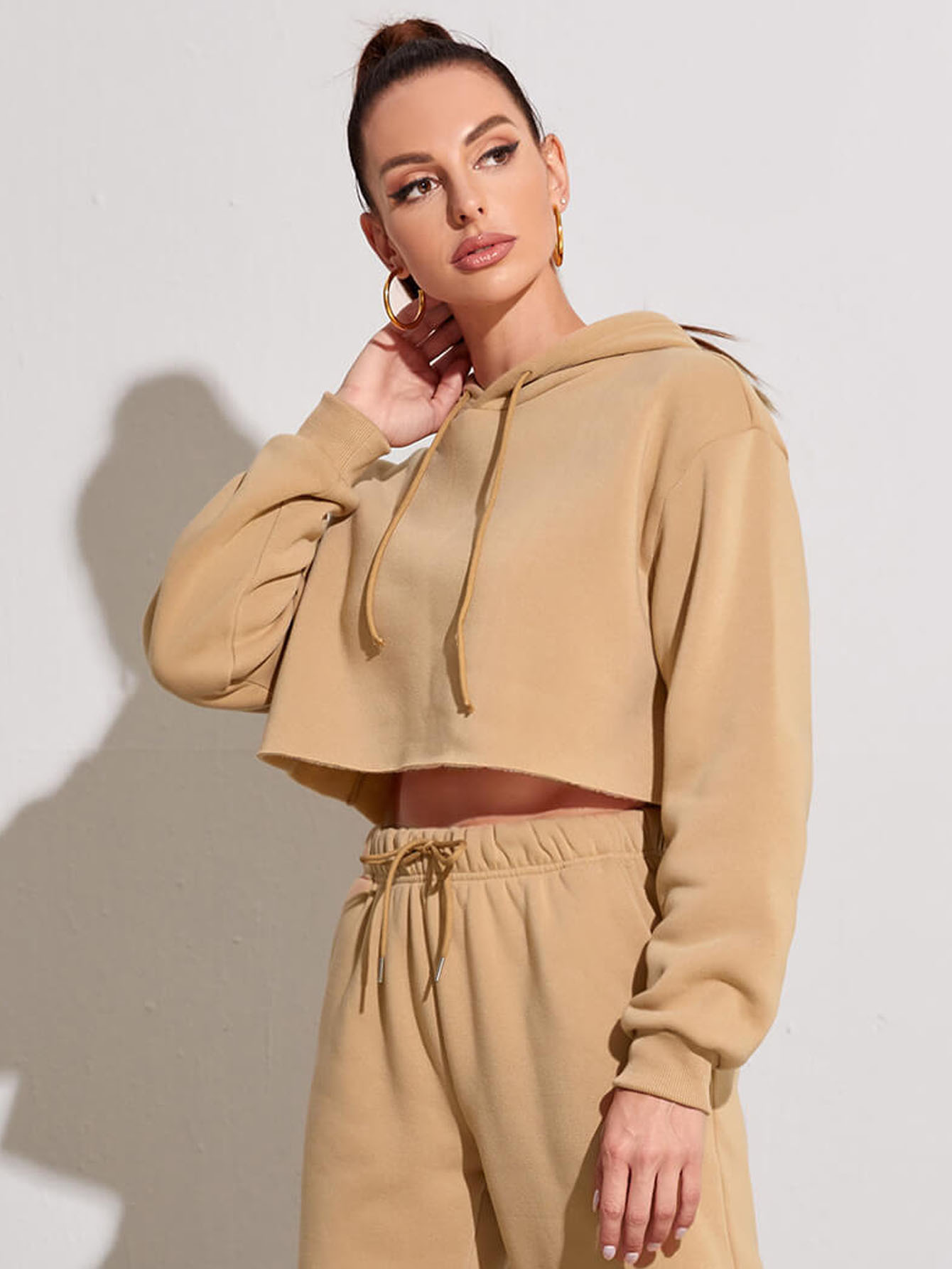 Fleece Solid Color Short Navel-Exposed Hooded