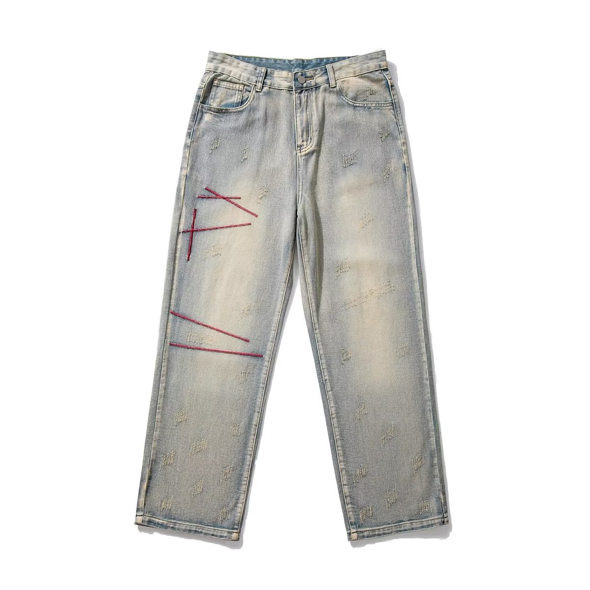 Men's Vintage Washed Denim Straight Leg Jeans Hip-Hop Style Cargo Pockets Streetwear Pants_mkmklike.com
