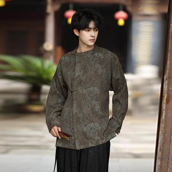 Three Provinces and Six Departments [Eight Banners] New Chinese Style Round Neck Python Pattern Jacquard Modified Chinese Coat with Buckle Coat