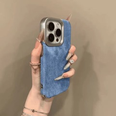 适用苹果16promax手机壳牛仔布纹iPhone15全包防摔14电镀边框新款