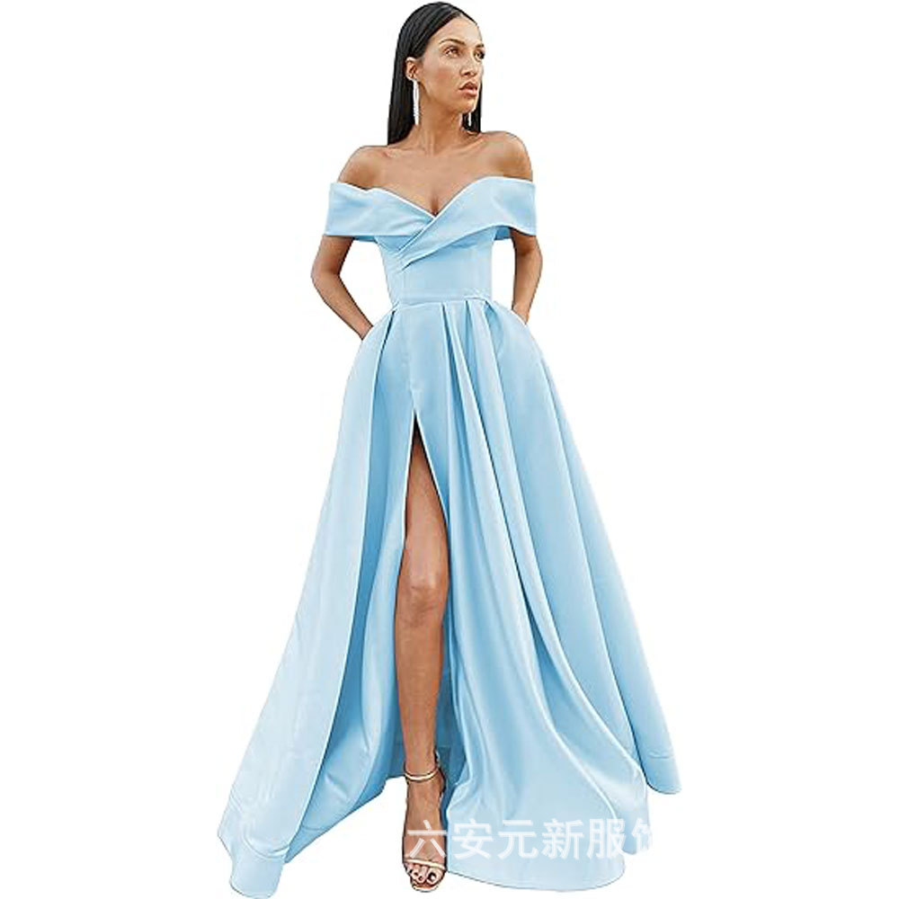 Amazon Comercio exterior fuera del hombro prom vestido de noche largo split sexy Fiesta de las mujeres vestido de banquete