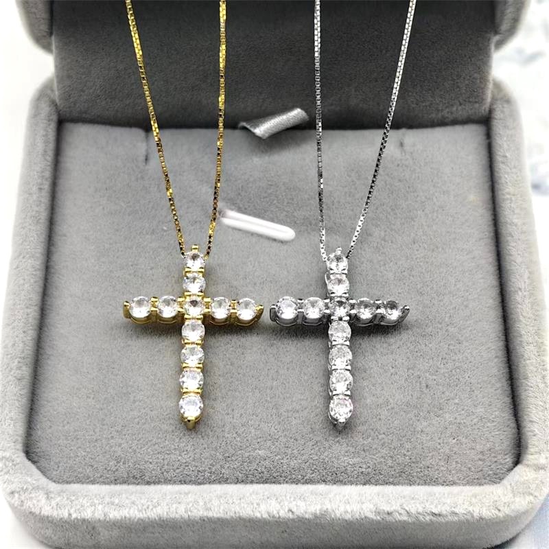 Inlay Design 925 Sterling Silver Rhinestones Inlay Cross Pendant Necklace