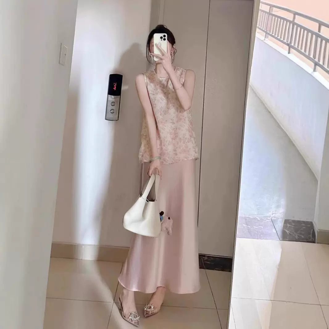 新中式国风套装粉色无袖碎花上衣缎面半身裙显瘦绝美两件套轻熟风