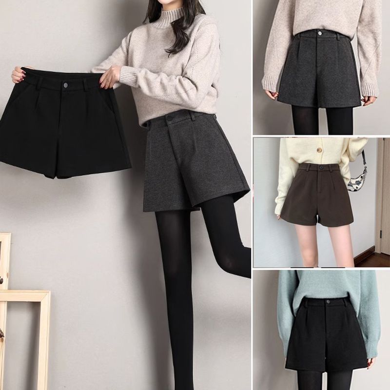 毛呢短裤女秋冬2025新款冬季呢子格子显瘦a字阔腿外穿小个子