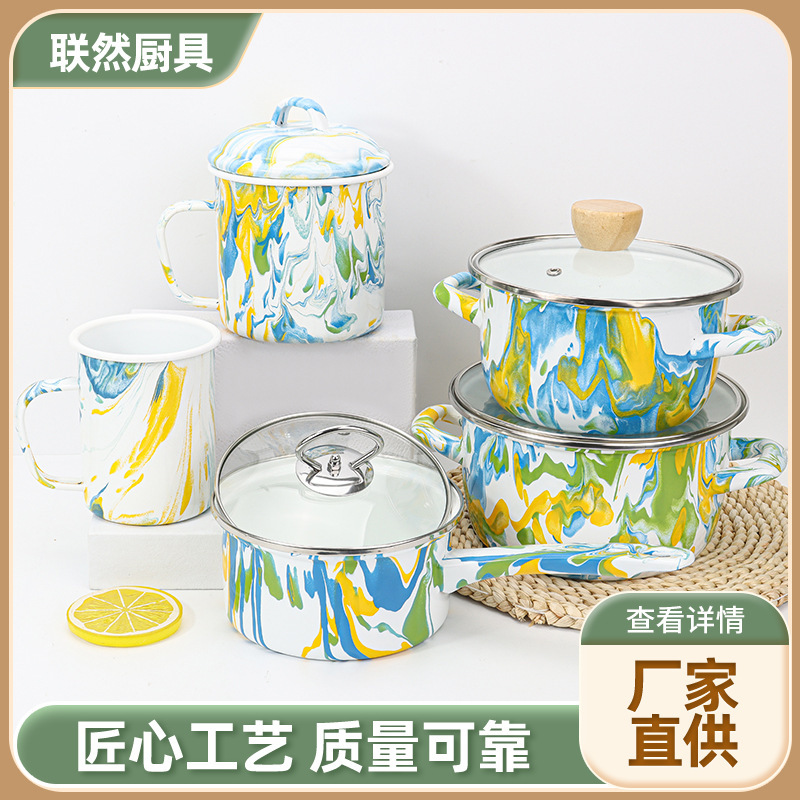 Thickened Five-Piece Set of Enamel Pots, Double-Eared Soup Pots, Stew Pots, Instant Noodle Bowls, Small Hot Pots, Lard Bowls, Drinking Cups