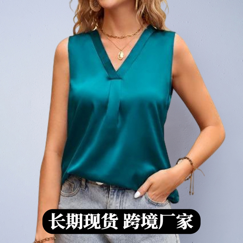 Foreign Trade Shein Women's Imitation Silk Shirt 25 Spring & Fall New Style Satin V-Neck Casual Sleeveless Basic Shirt