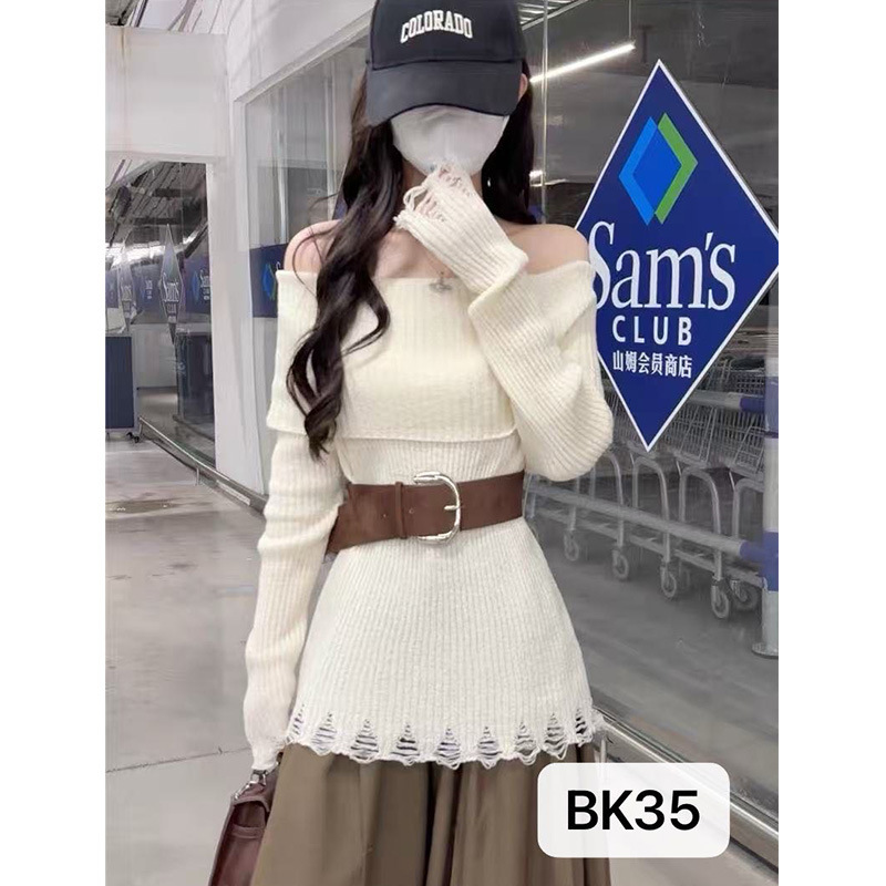 设计感一字肩长袖毛衣针织衫女秋季辣妹修身显瘦时尚气质小众上衣|undefined