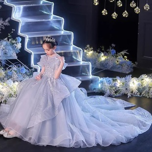 Children's Formal Dress with a Trailing Train, Puffy Tulle, Suitable for Girls' Flower Girl, Piano Performance, and Wedding Flower Girl Attire