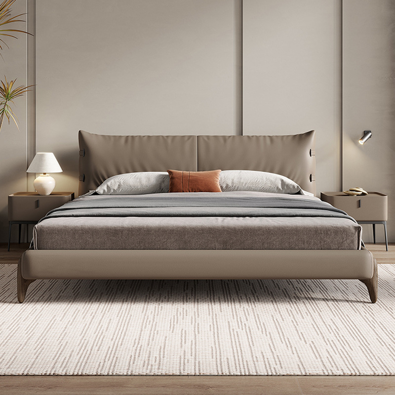 Cama de cuero genuino italiano minimalista 1,8 m dormitorio principal cama diseñador nuevo doble cama suave atmosférica boda cama muebles