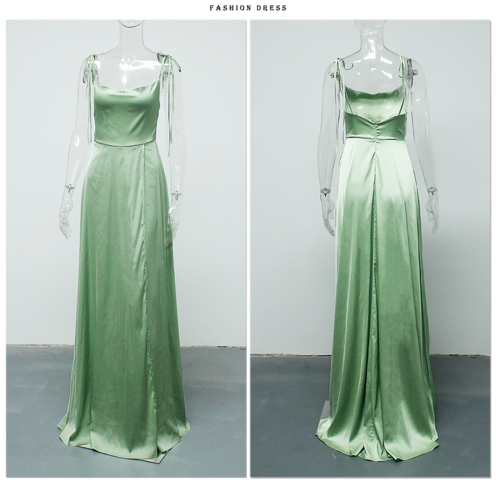 Women's Clothing New Style Evening Dress Sexy Strappy Satin Dress Big Hem Split Square Neck Flowy Long Prom Dress_voghion.com