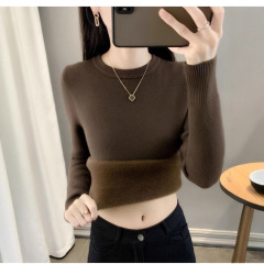 一体绒打底针织衫毛衣女加厚保暖秋冬加绒内搭大码半高领套头上衣