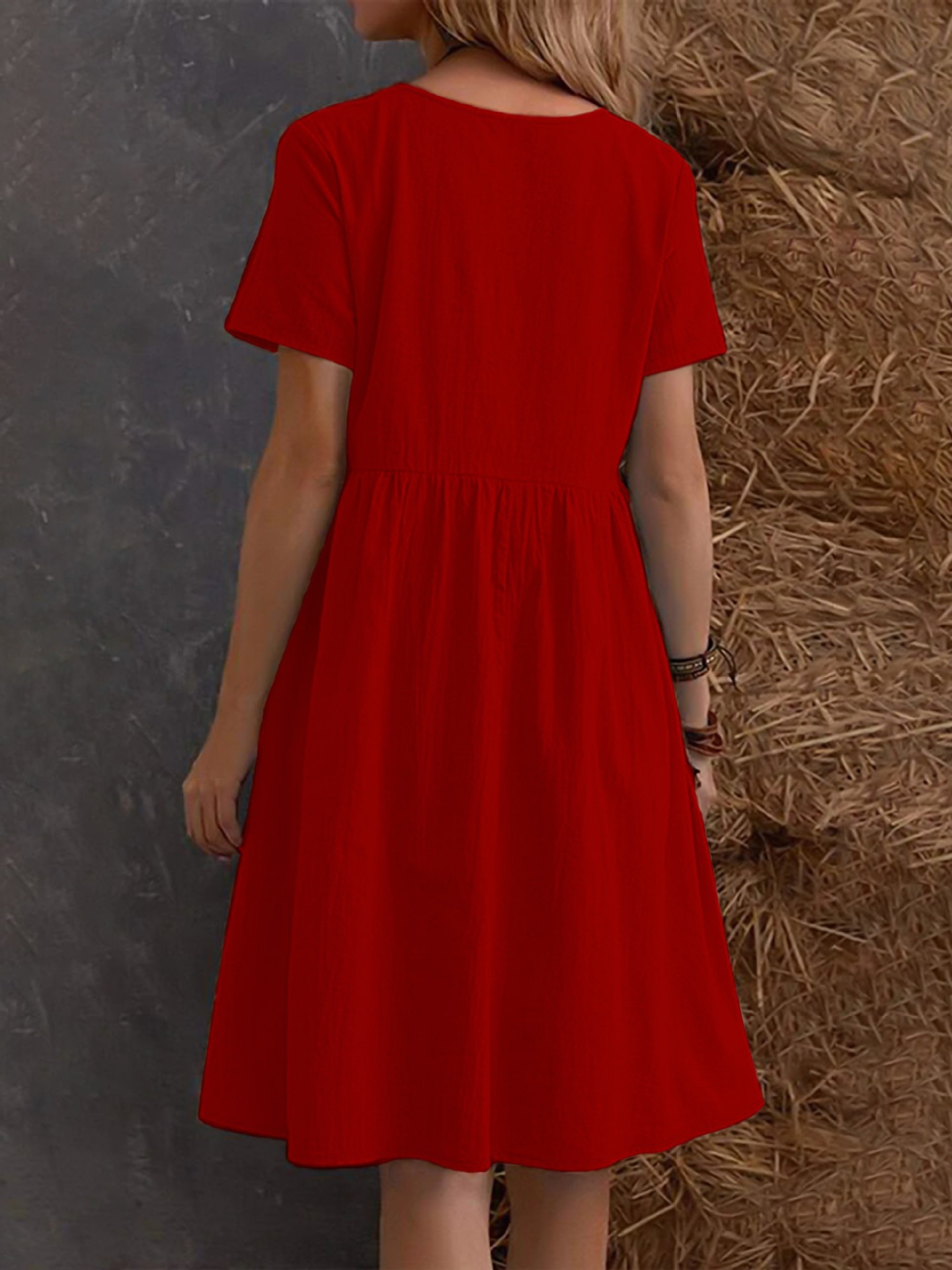Women's Casual Short Sleeve A-Line Dress With Pockets, Solid Color Round Neck T-Shirt Dress For Everyday Wear_ecoleips.com