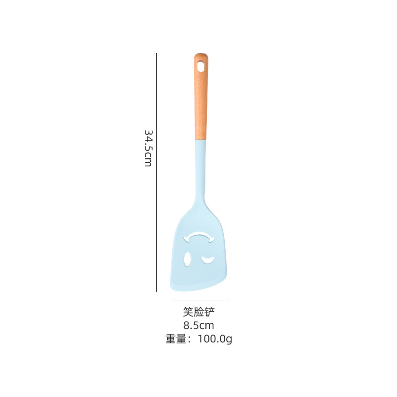 Suministros de cocina Mango de madera de silicona sartén antiadherente europea Espátula de silicona Juego de 10 piezas Juego de utensilios de cocina azul resistente a altas temperaturas