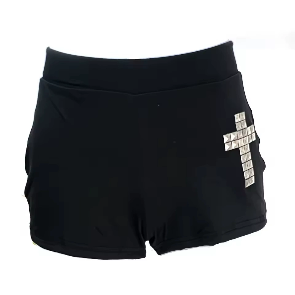 Женские ретро шорты slim-fit, акцент на бедрах со стальным крестом-стразами, американский стиль, чёрные (S–L)